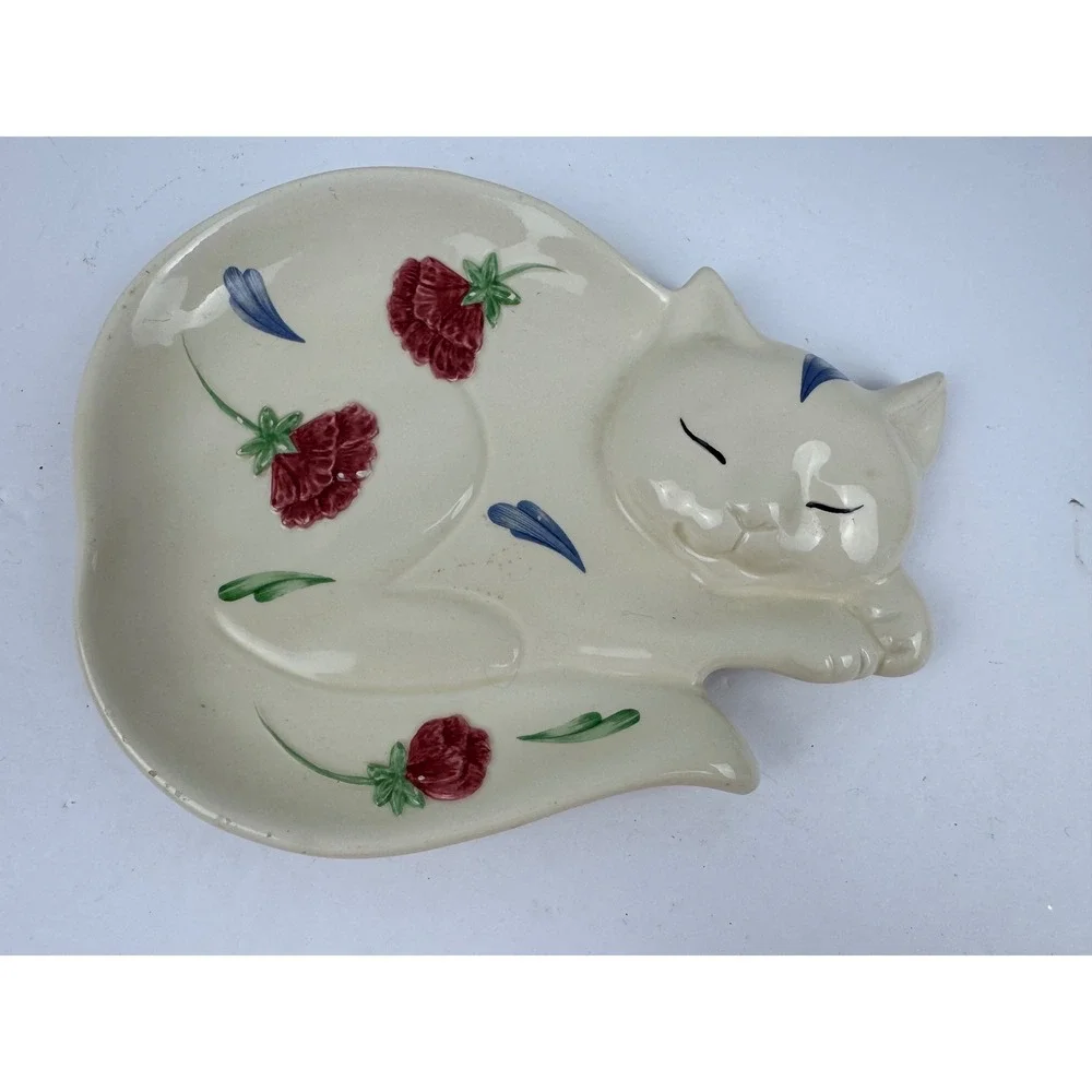 Lenox Poppies on Blue Sleeping Cat Trinket Dish Porcelain Floral White Red Blue